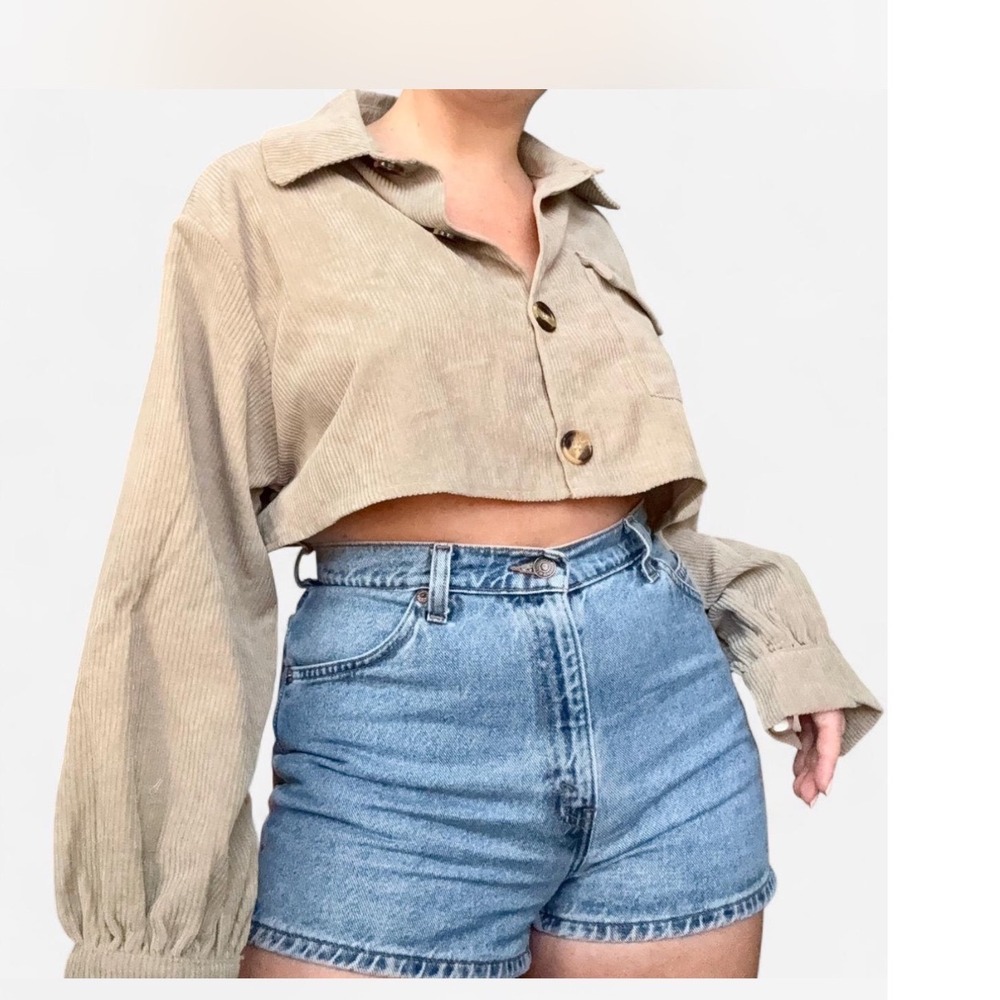 Nasty Gal Collection Tan Corduroy Cropped Button Down Shirt Balloon Sleeve US 10
